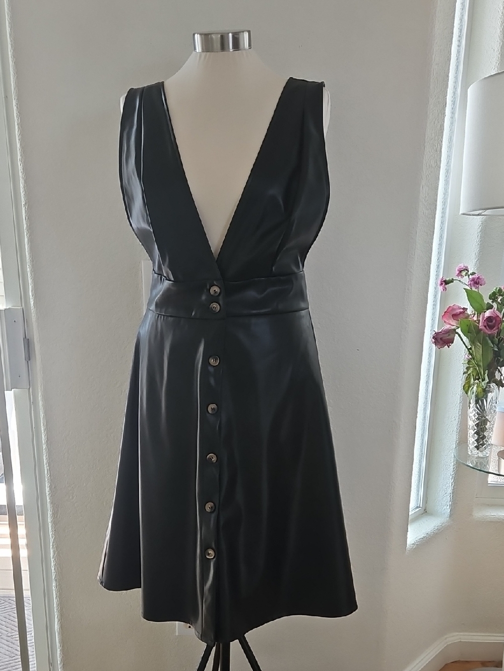 Source Unknown Black Faux Leather Deep V Button-Front, Before Knees Dress